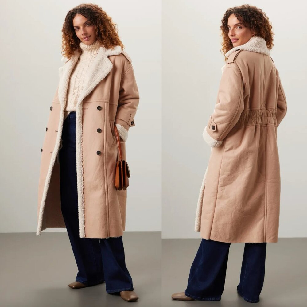 Great Jones Lined Sherpa Coat in Tan Suede Long Winter Trench Coat Small